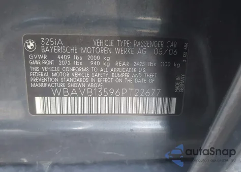 2006 BMW 325I z USA, uszkodzony, nr VIN WBAVB13596PT22677